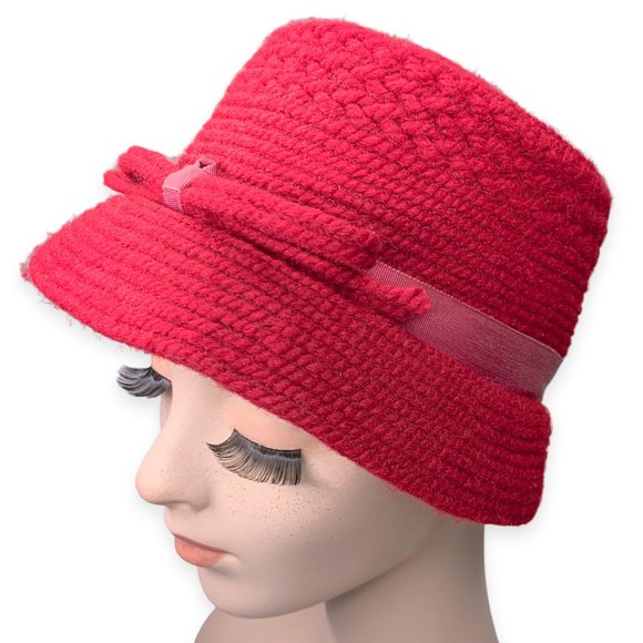 Vintage 1940s Everitt Dark Red Crochet Knit Hat Cloche Bucket Bow 40s 50s main image 9